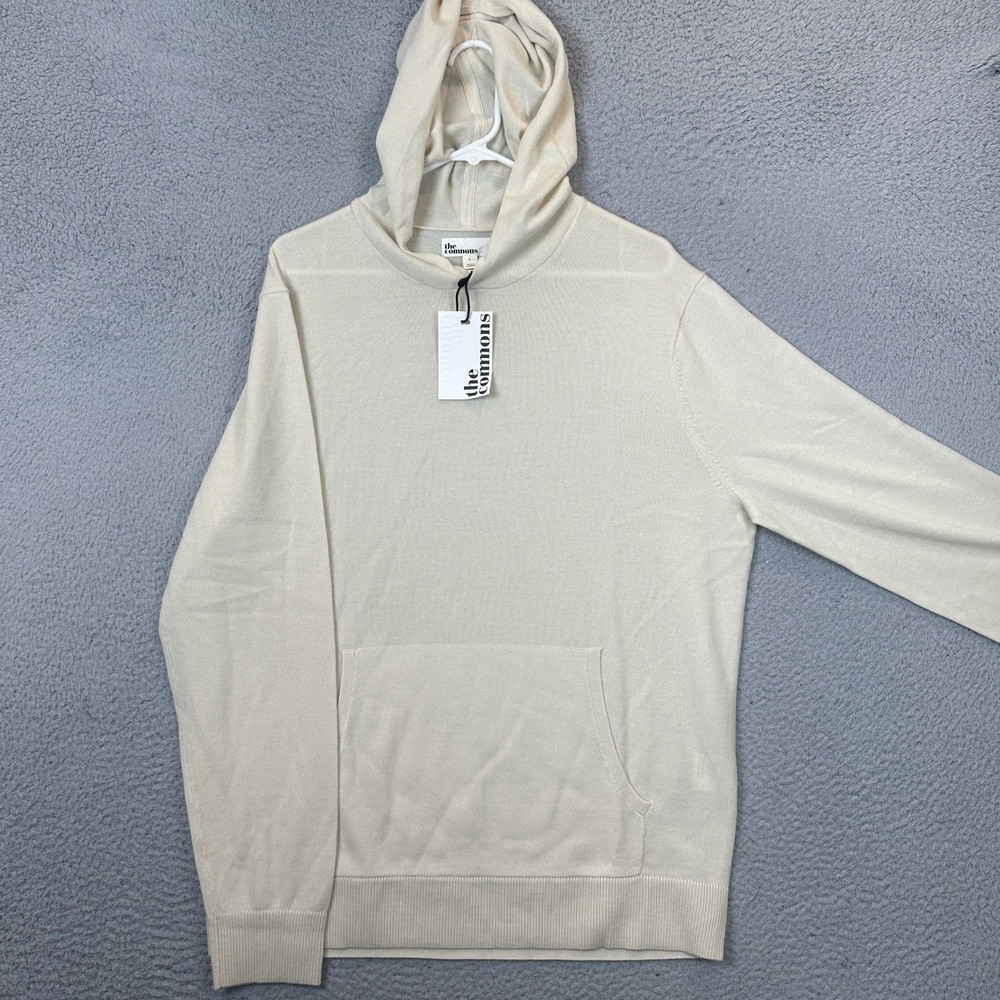 NEW The Commons Hoodie Mens Large Cream Off White 100% Merino Wool Knit Sweater